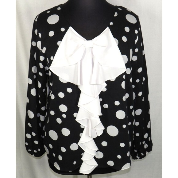 Women's Black And White Polka Dot Ruffled Bow Blouse Size XL - Picture 6 of 7